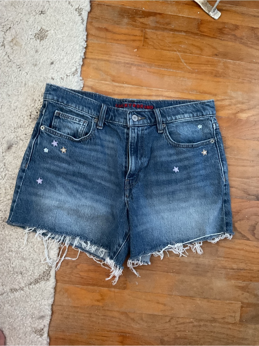 Lucky Brand Dark Blue Distressed Denim Shorts with Star Embroidery